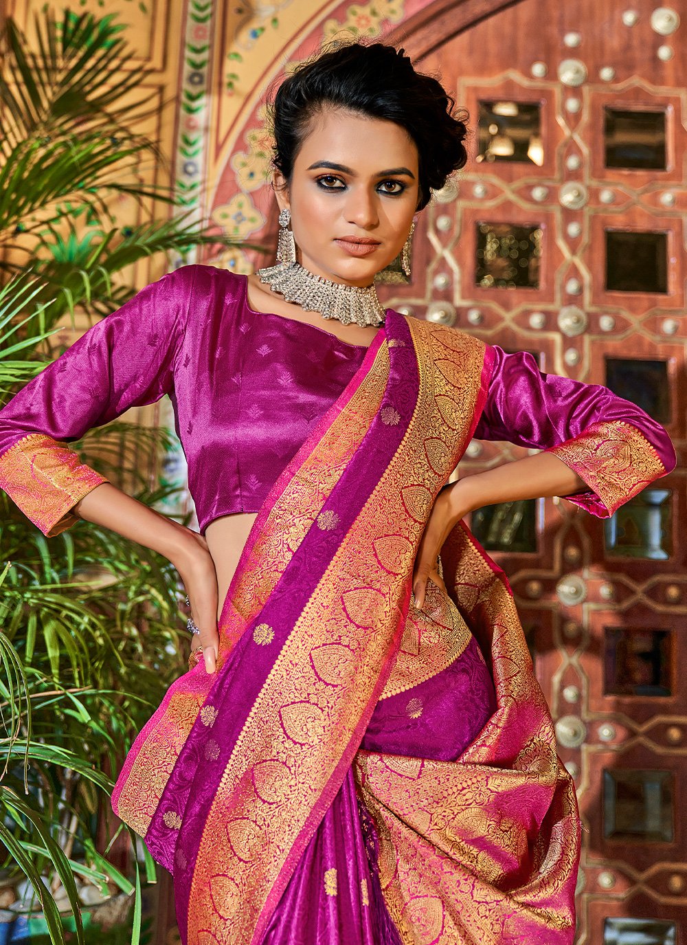 Trendy Saree Satin Silk Magenta Weaving Saree