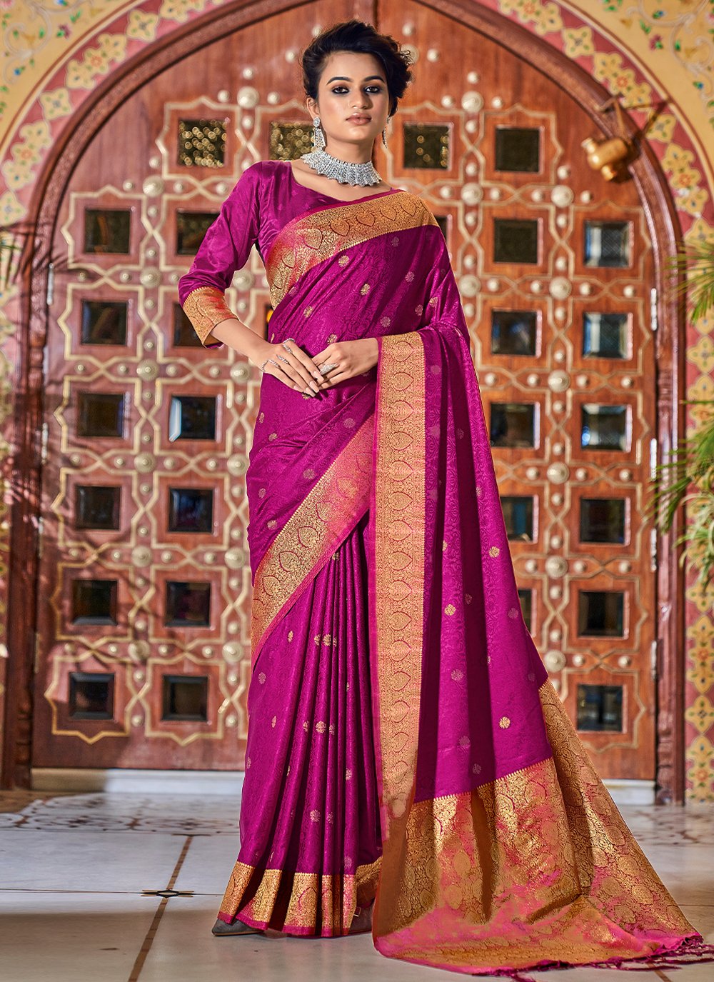 Trendy Saree Satin Silk Magenta Weaving Saree