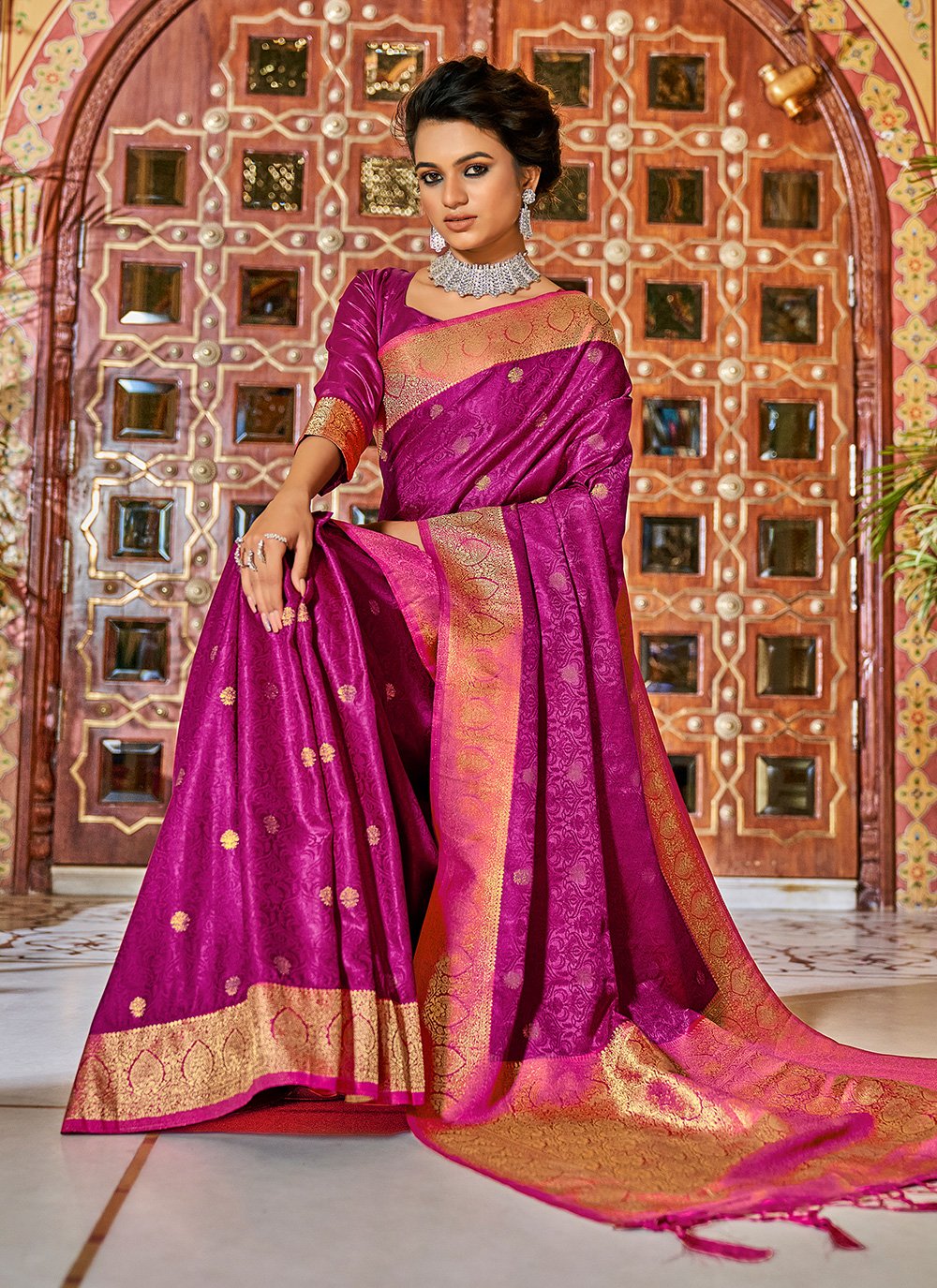 Trendy Saree Satin Silk Magenta Weaving Saree