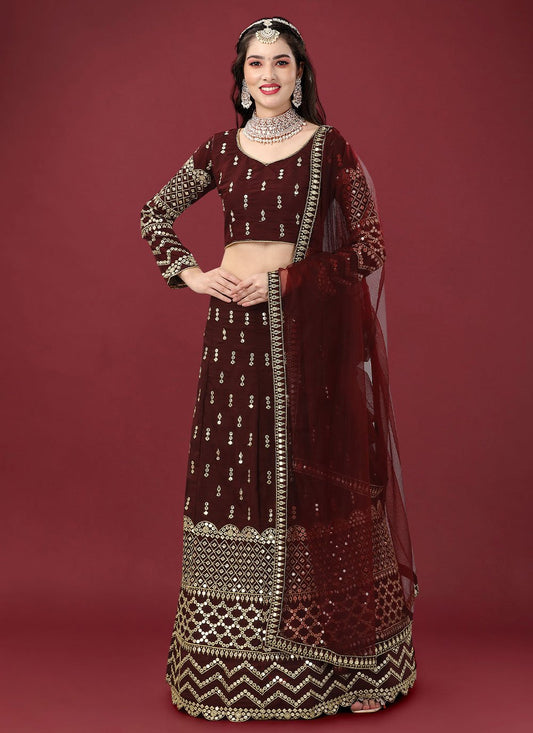 A Line Lehenga Cotton Silk Muslin Maroon Cord Work Lehenga Choli