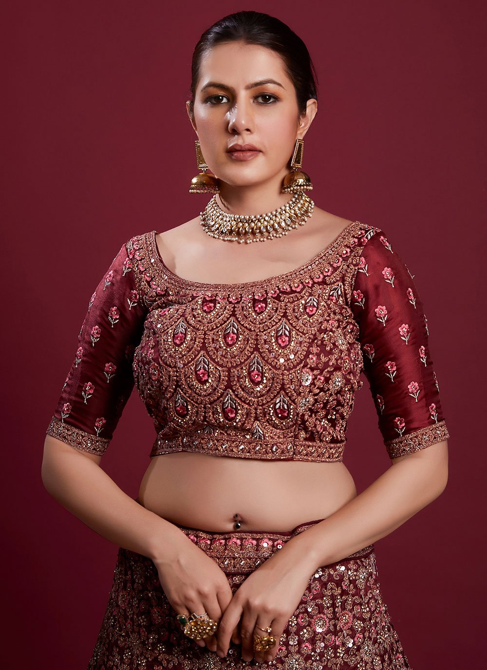 A Line Lehenga Georgette Maroon Dori Work Lehenga Choli