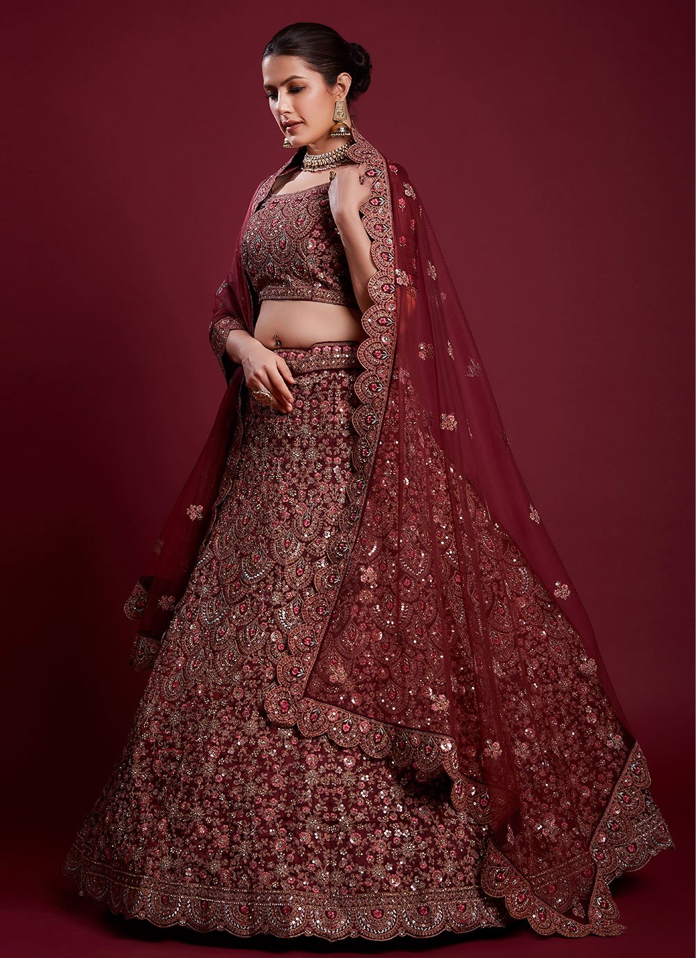 A Line Lehenga Georgette Maroon Dori Work Lehenga Choli