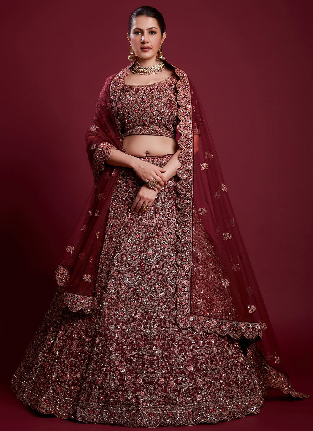 A Line Lehenga Georgette Maroon Dori Work Lehenga Choli