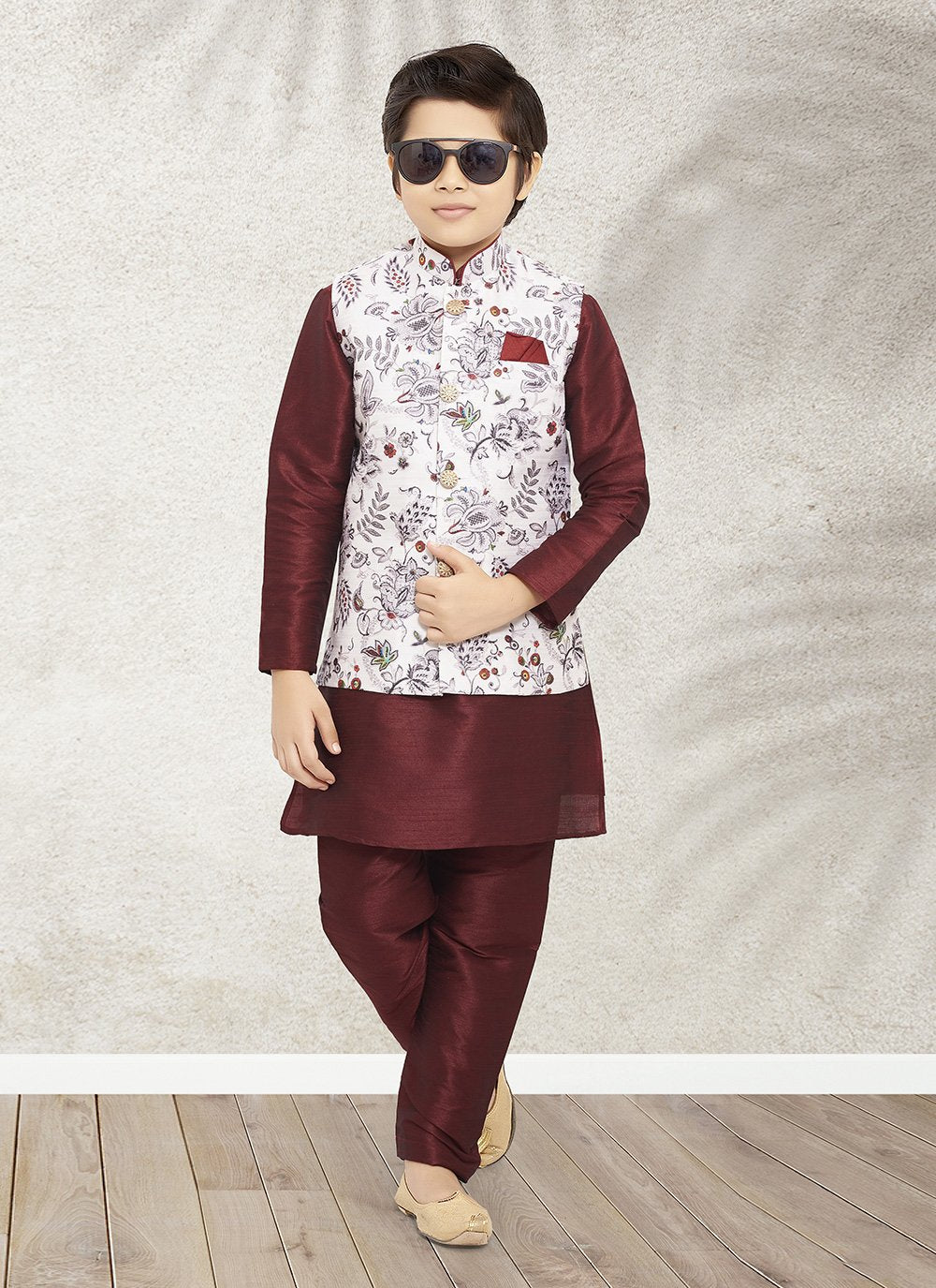 Kurta Payjama With Jacket Banarasi Silk Maroon Off White Print Kids