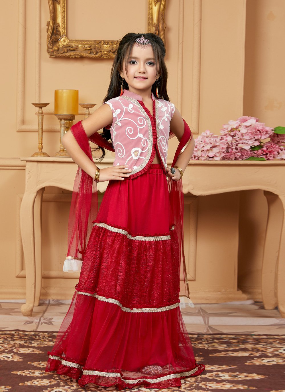 Lehenga Choli Net Maroon Off White Embroidered Kids