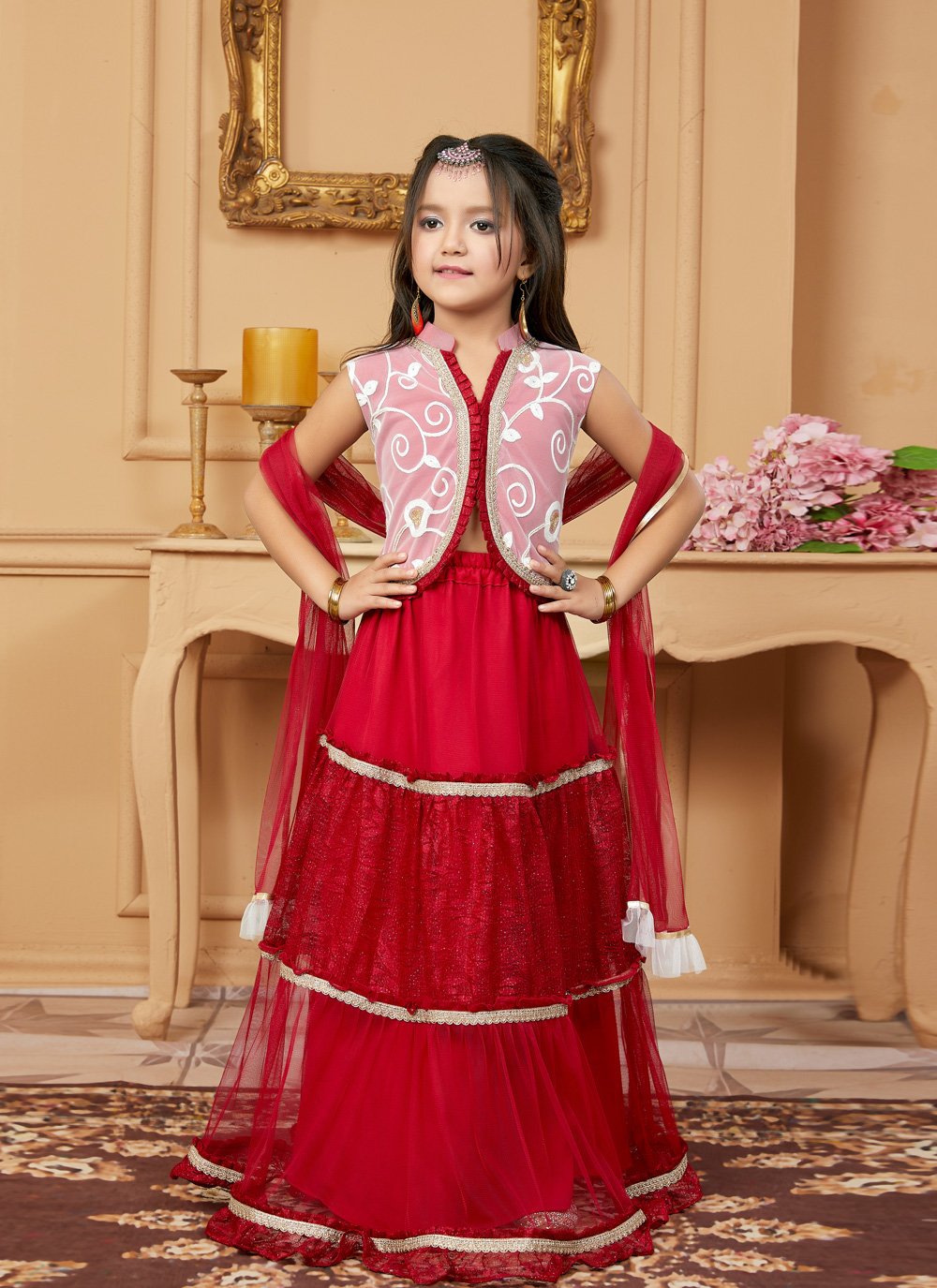 Lehenga Choli Net Maroon Off White Embroidered Kids