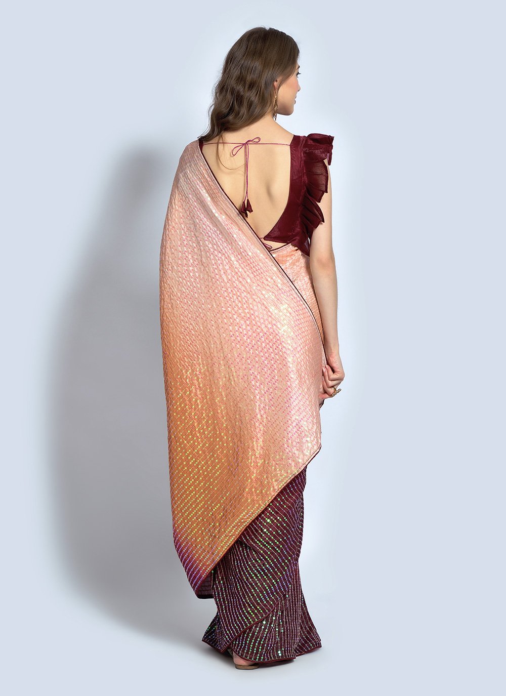 Shaded Saree Georgette Maroon Orange Sequins Saree