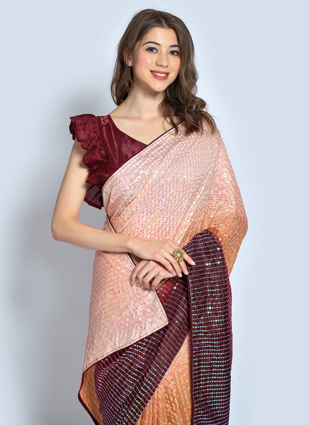 Shaded Saree Georgette Maroon Orange Sequins Saree