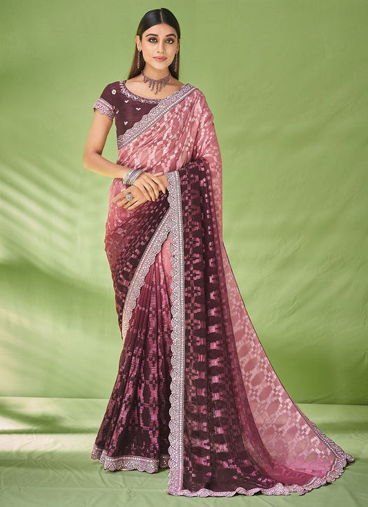 Classic Georgette Jacquard Maroon Pink Foil Print Saree