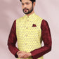 Kurta Payjama With Jacket Banarasi Silk Maroon Yellow Print Mens