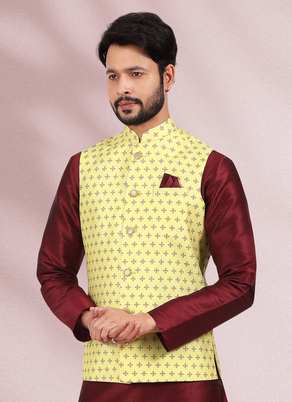 Kurta Payjama With Jacket Banarasi Silk Maroon Yellow Print Mens