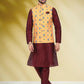 Kurta Payjama With Jacket Banarasi Silk Maroon Yellow Print Mens