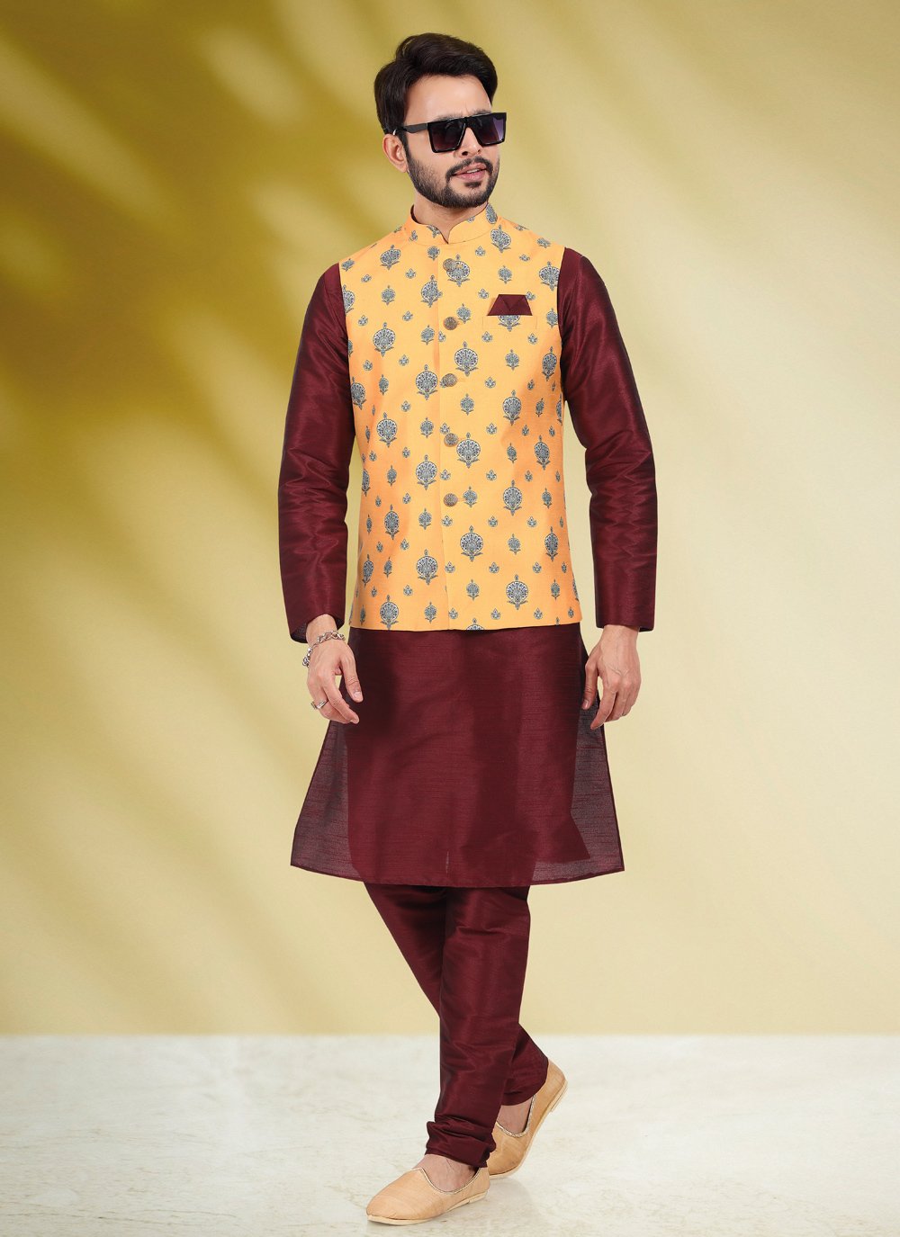 Kurta Payjama With Jacket Banarasi Silk Maroon Yellow Print Mens