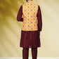 Kurta Payjama With Jacket Banarasi Silk Maroon Yellow Print Mens