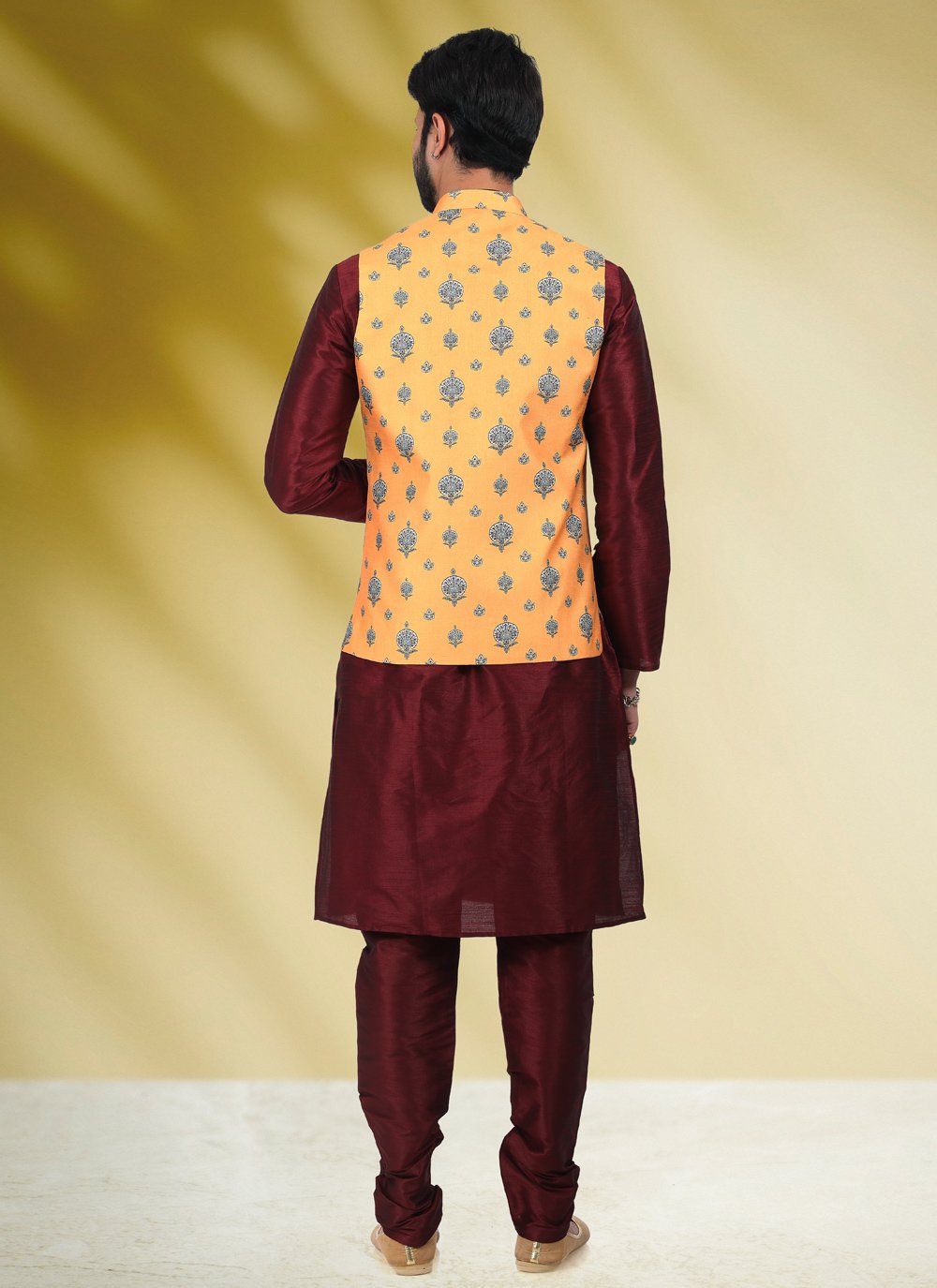 Kurta Payjama With Jacket Banarasi Silk Maroon Yellow Print Mens