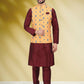 Kurta Payjama With Jacket Banarasi Silk Maroon Yellow Print Mens