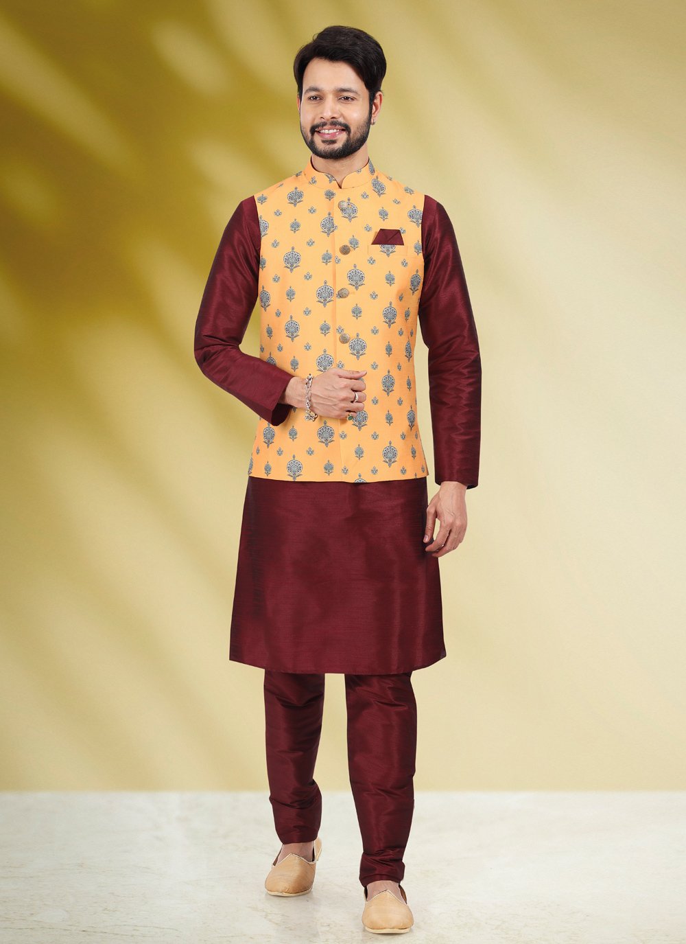 Kurta Payjama With Jacket Banarasi Silk Maroon Yellow Print Mens