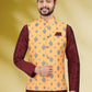 Kurta Payjama With Jacket Banarasi Silk Maroon Yellow Print Mens