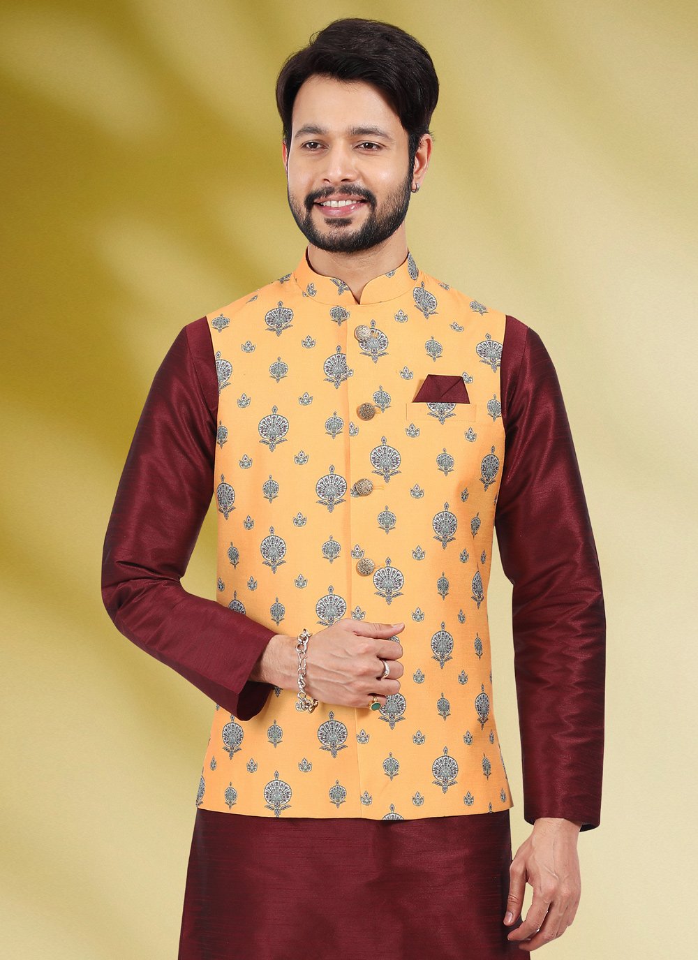 Kurta Payjama With Jacket Banarasi Silk Maroon Yellow Print Mens