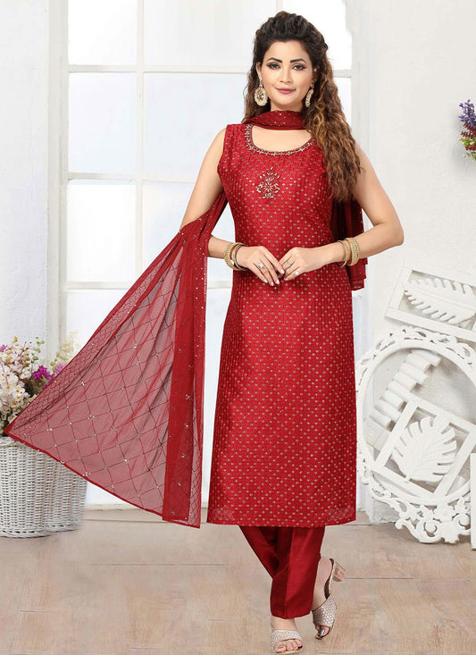 Salwar Suit Art Silk Maroon Embroidered Salwar Kameez