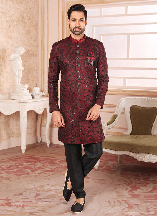 Indo Western Art Silk Maroon Embroidered Mens