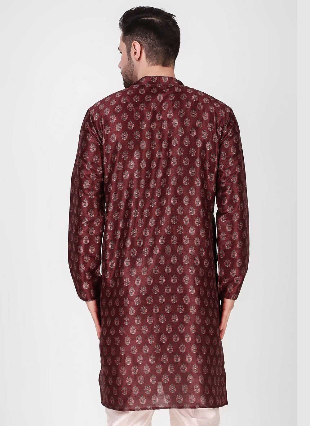 Kurta Pyjama Art Silk Maroon Print Mens