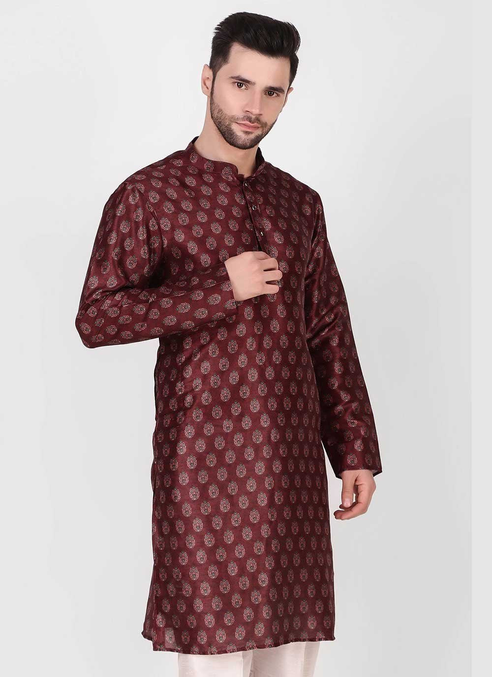 Kurta Pyjama Art Silk Maroon Print Mens