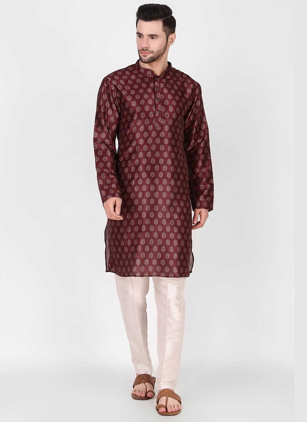 Kurta Pyjama Art Silk Maroon Print Mens