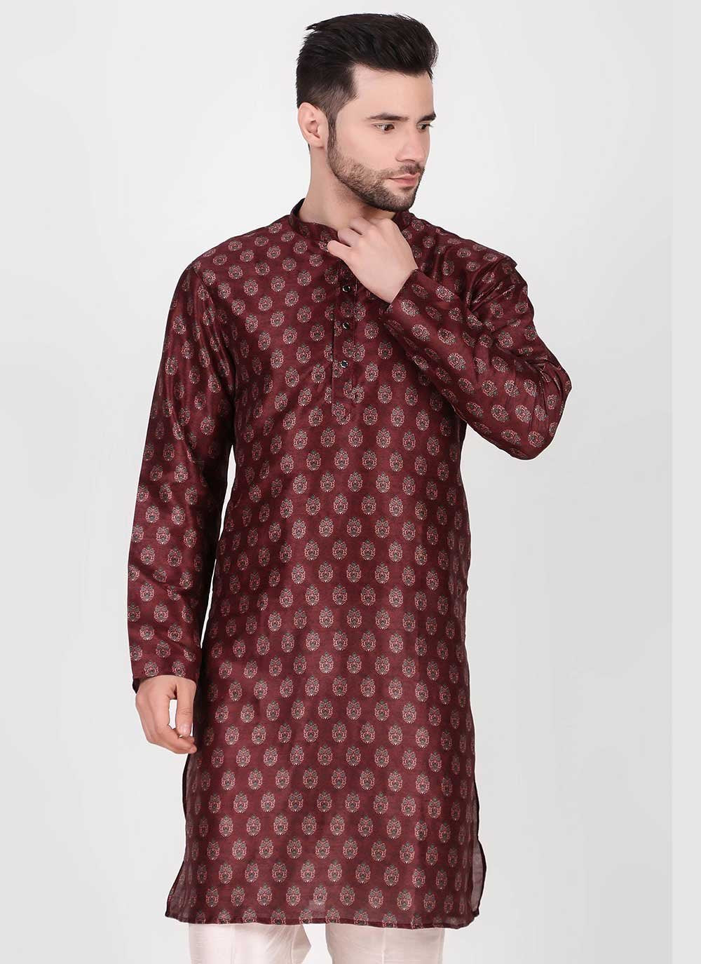 Kurta Pyjama Art Silk Maroon Print Mens