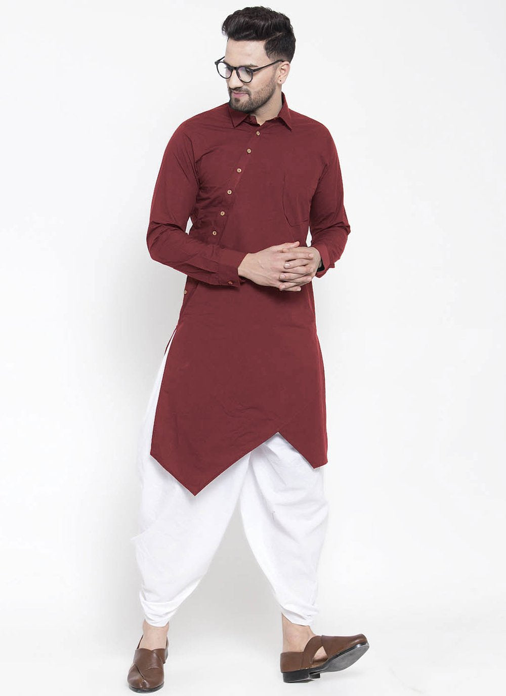 Kurta Blended Cotton Maroon Buttons Mens