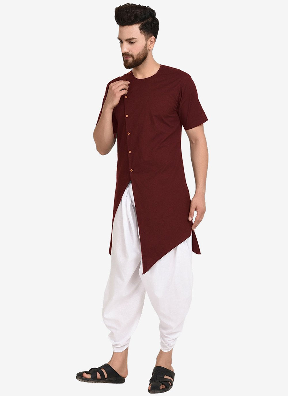 Indo Western Blended Cotton Maroon Plain Mens