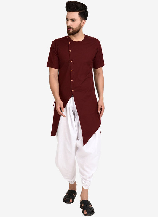 Indo Western Blended Cotton Maroon Plain Mens