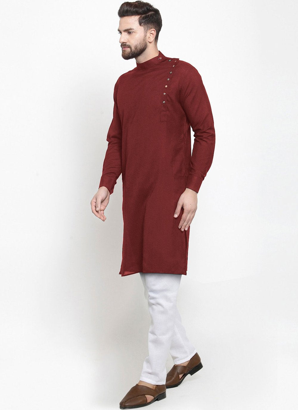 Kurta Blended Cotton Maroon Plain Mens