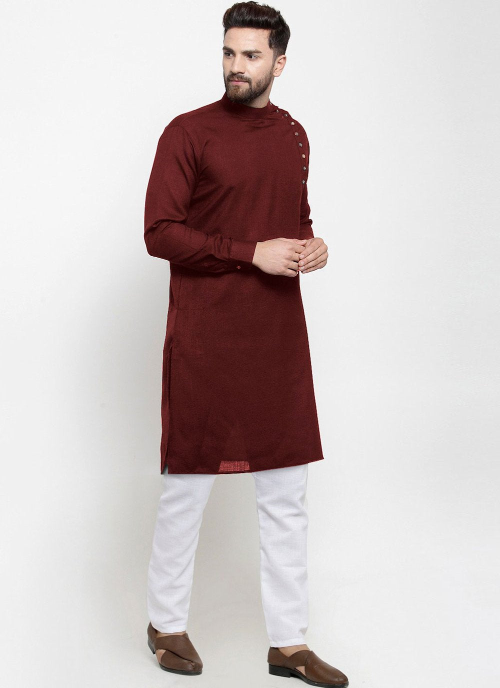 Kurta Blended Cotton Maroon Plain Mens