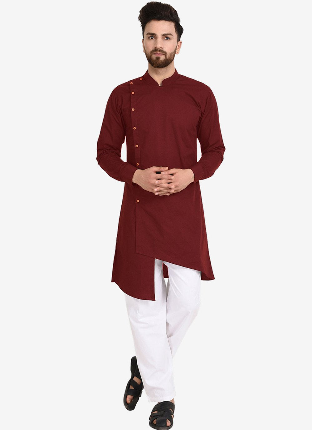 Kurta Pyjama Blended Cotton Maroon Plain Mens