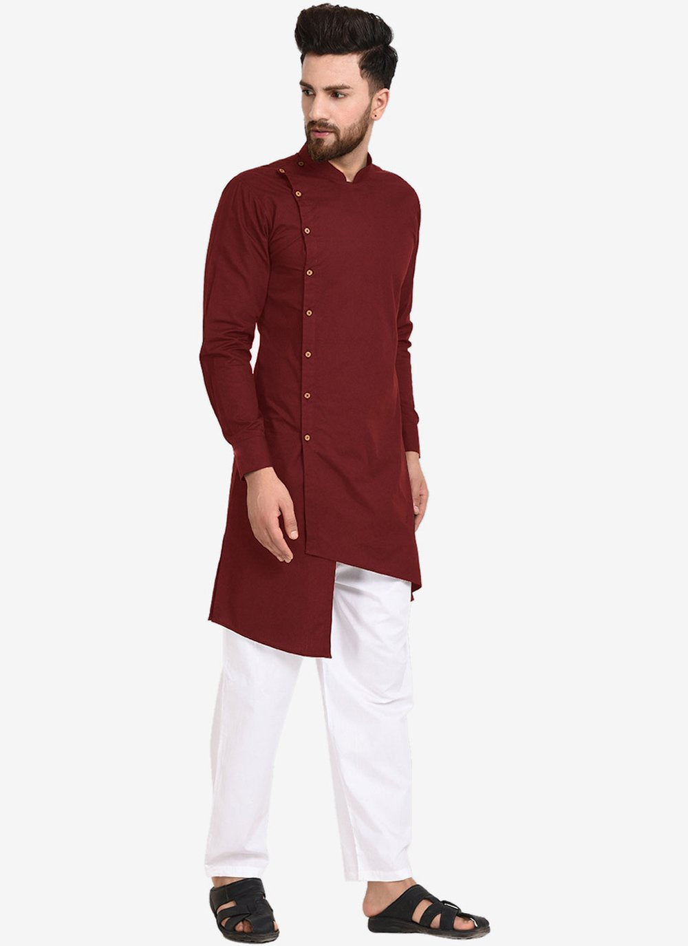 Kurta Pyjama Blended Cotton Maroon Plain Mens