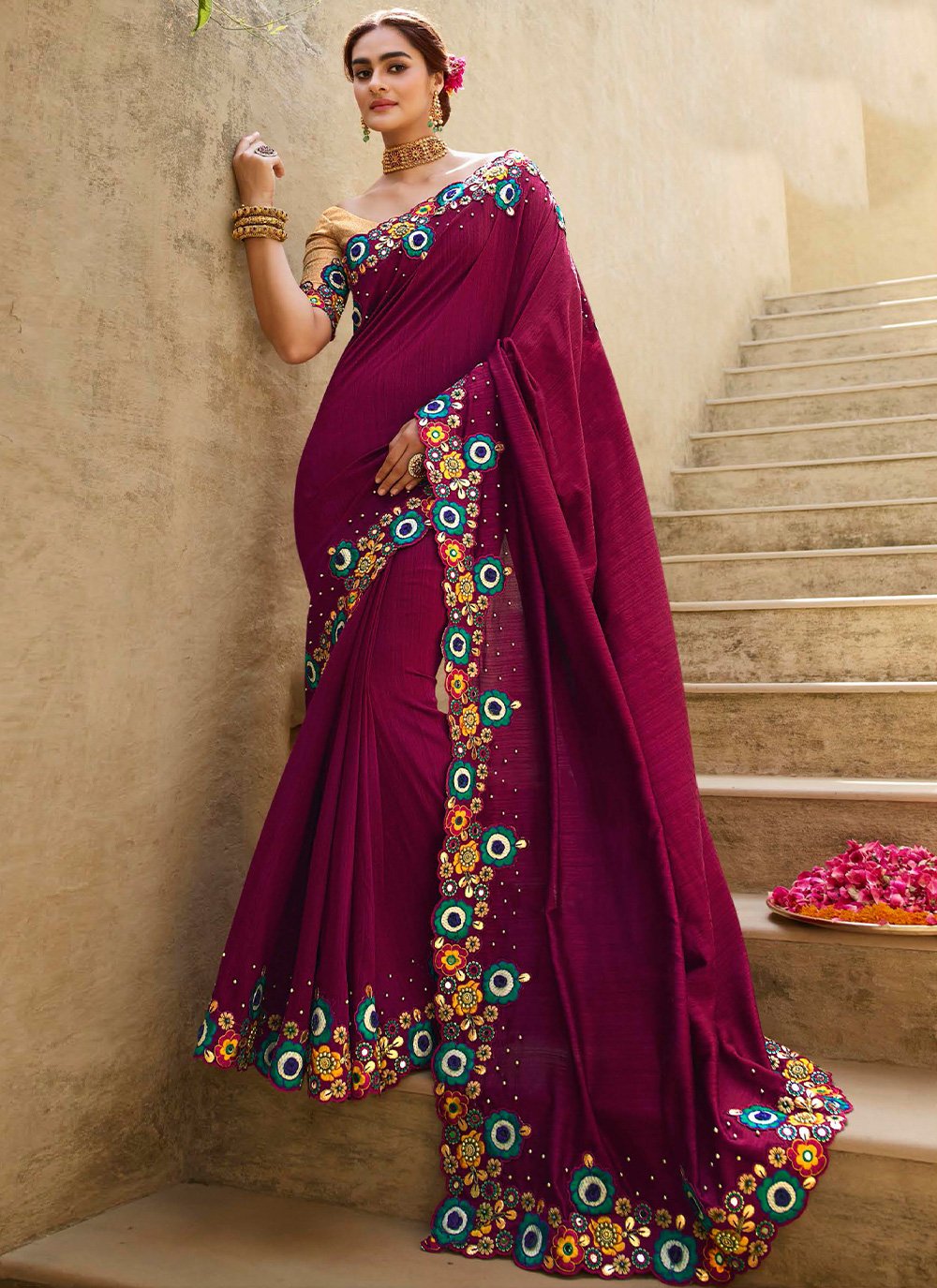 Designer Silk Maroon Embroidered Saree