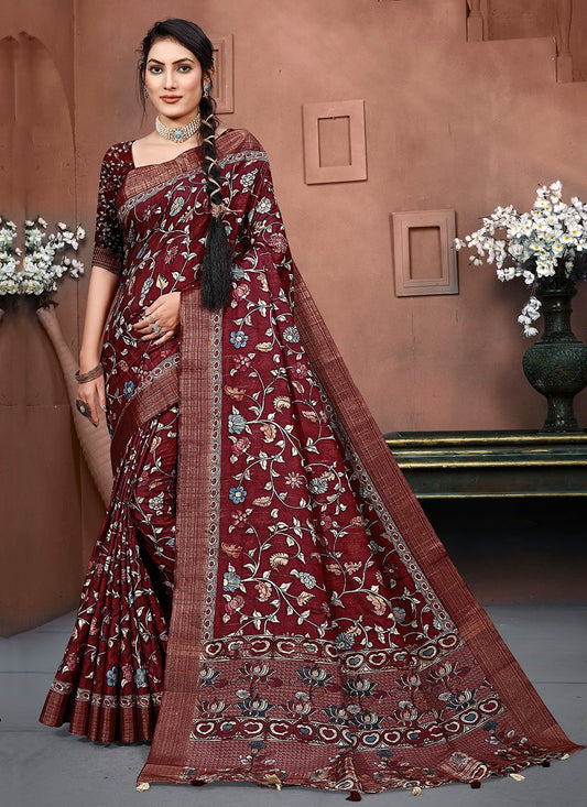 Trendy Saree Banarasi Silk Maroon Digital Print Saree