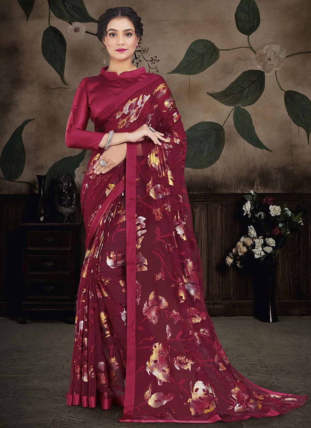 Trendy Saree Brasso Organza Maroon Print Saree