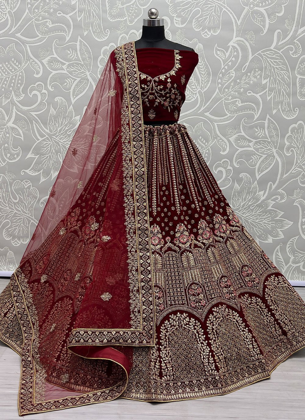 A Line Lehenga Velvet Maroon Dori Work Lehenga Choli