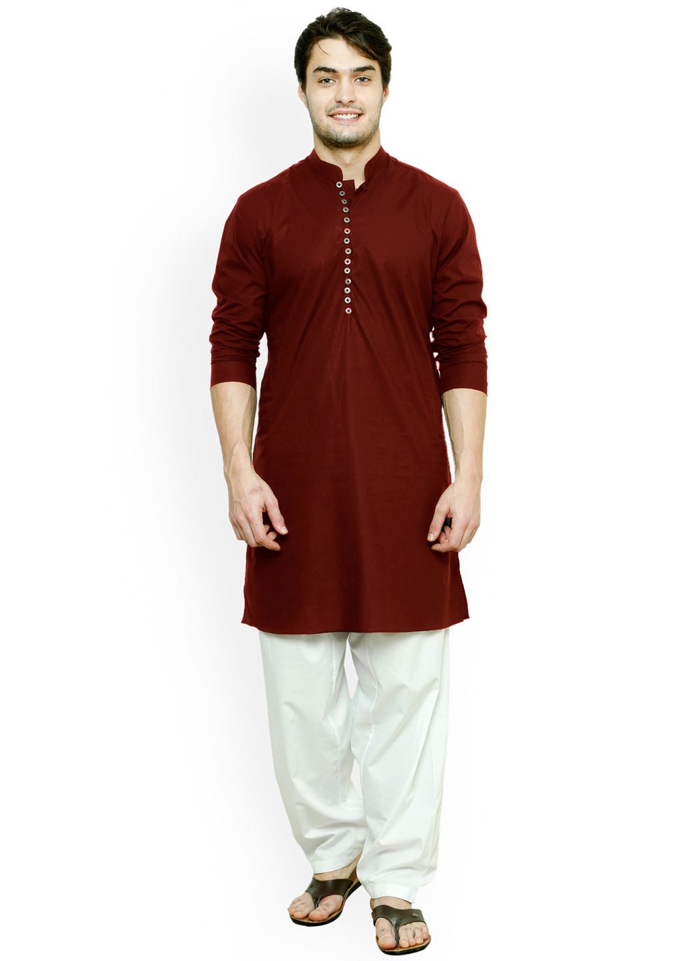 Kurta Pyjama Blended Cotton Maroon Buttons Mens