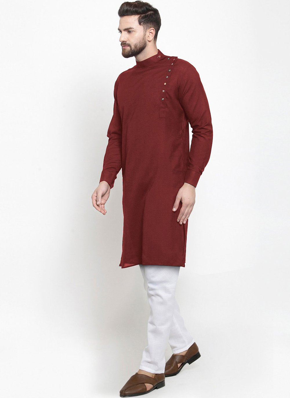 Kurta Pyjama Blended Cotton Maroon Buttons Mens