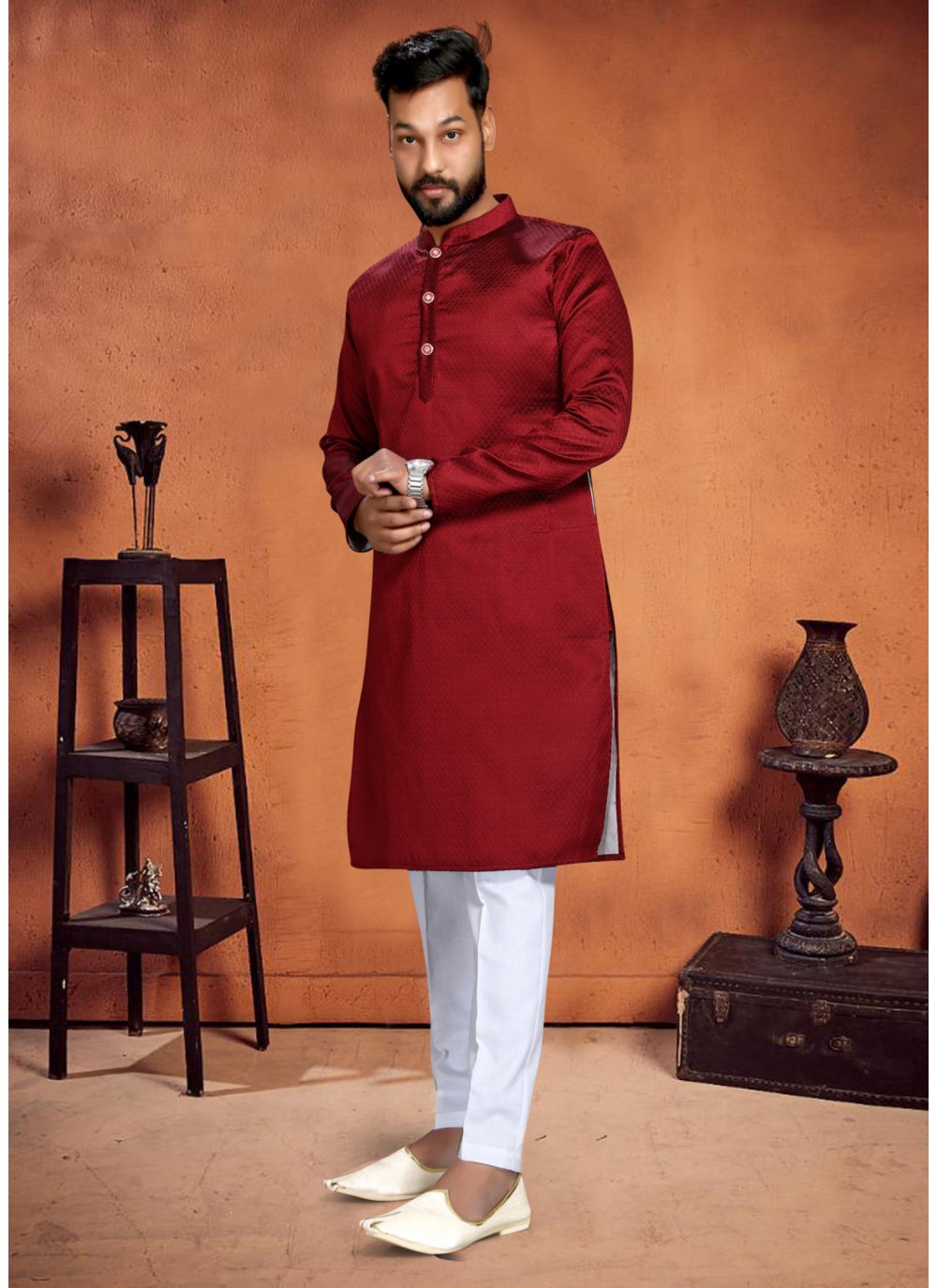 Kurta Pyjama Cotton Maroon Plain Mens