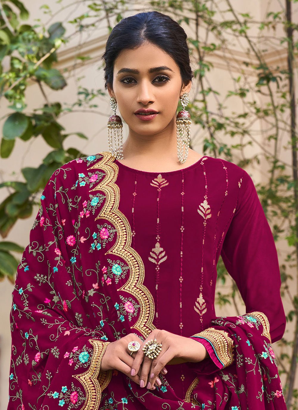 Palazzo Salwar Suit Faux Georgette Maroon Embroidered Salwar Kameez