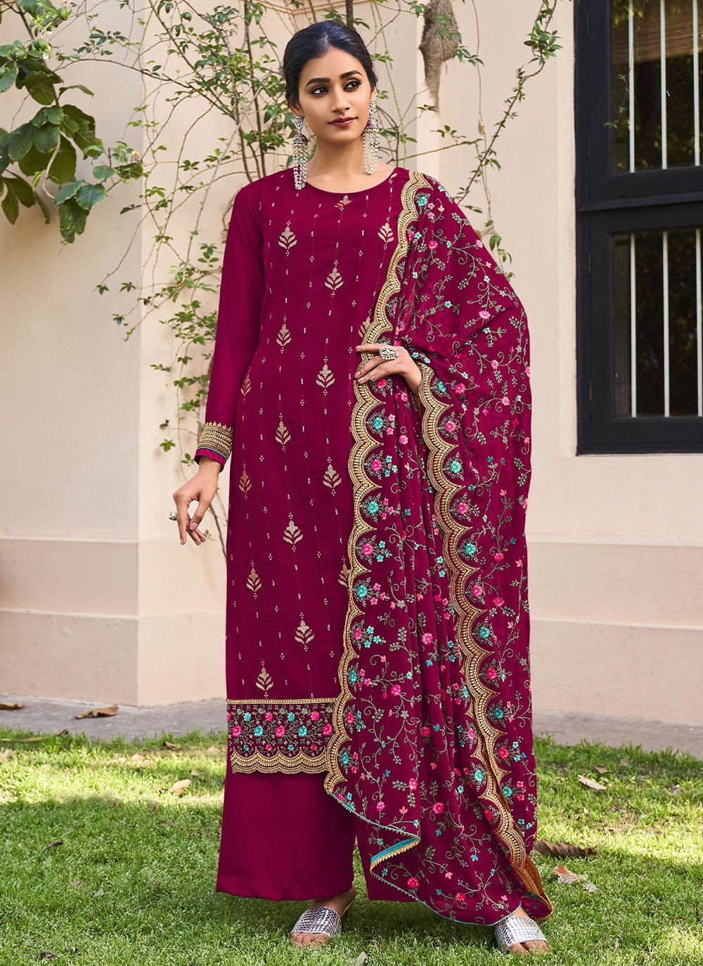 Palazzo Salwar Suit Faux Georgette Maroon Embroidered Salwar Kameez