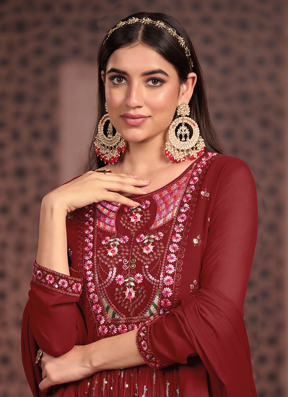 Salwar Suit Georgette Maroon Embroidered Salwar Kameez