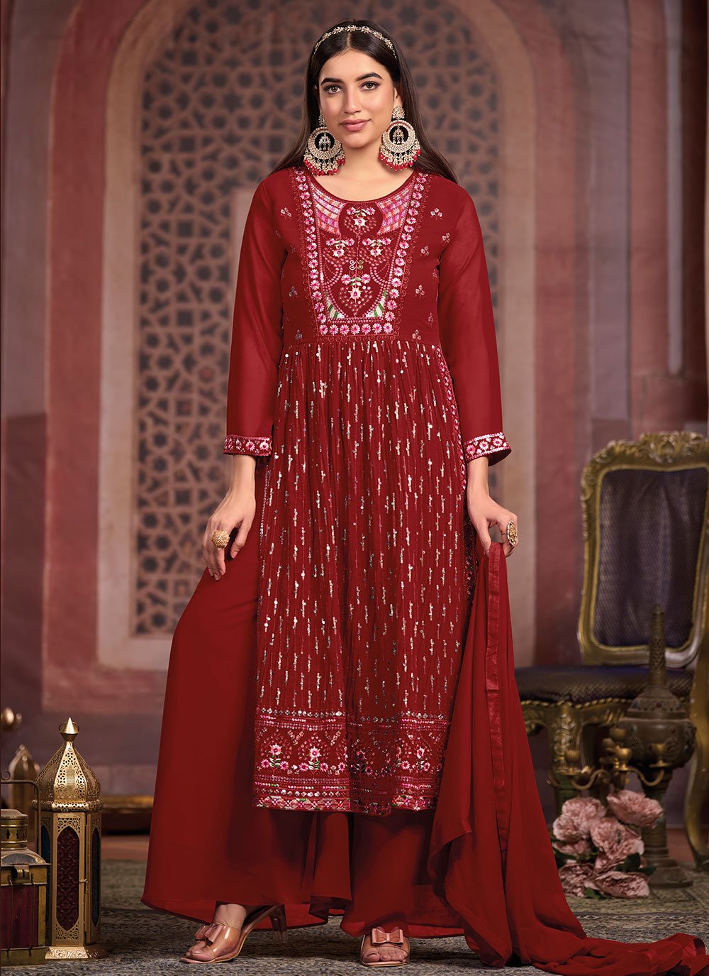 Salwar Suit Georgette Maroon Embroidered Salwar Kameez