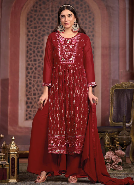 Salwar Suit Georgette Maroon Embroidered Salwar Kameez