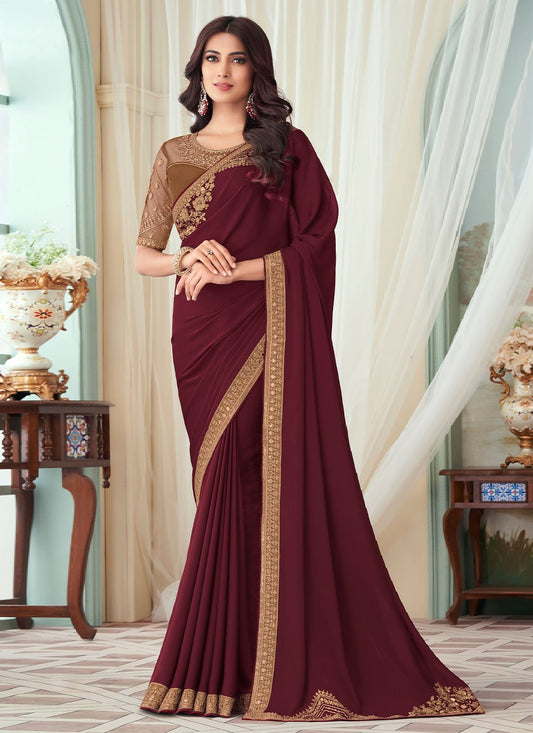 Classic Silk Maroon Embroidered Saree