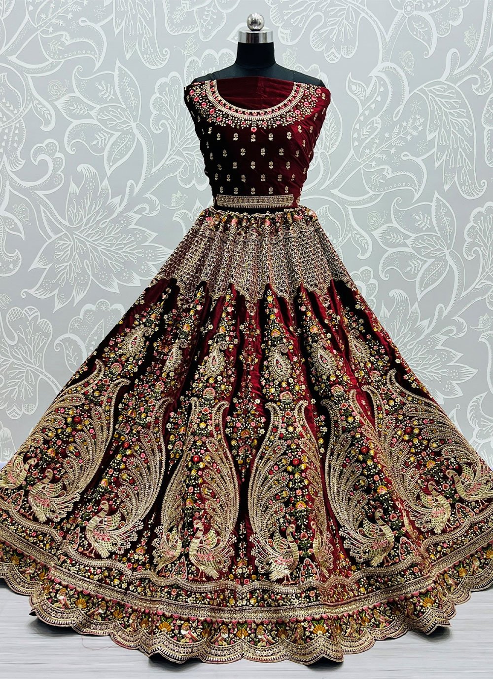 Lehenga Choli Velvet Maroon Booti Lehenga Choli